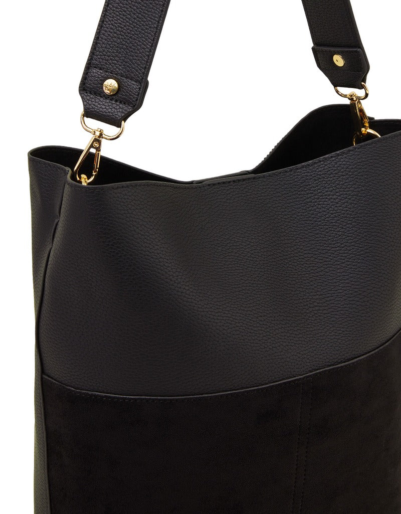 Black Faux Leather Open-Top Tote Bag with Magnetic Closure
