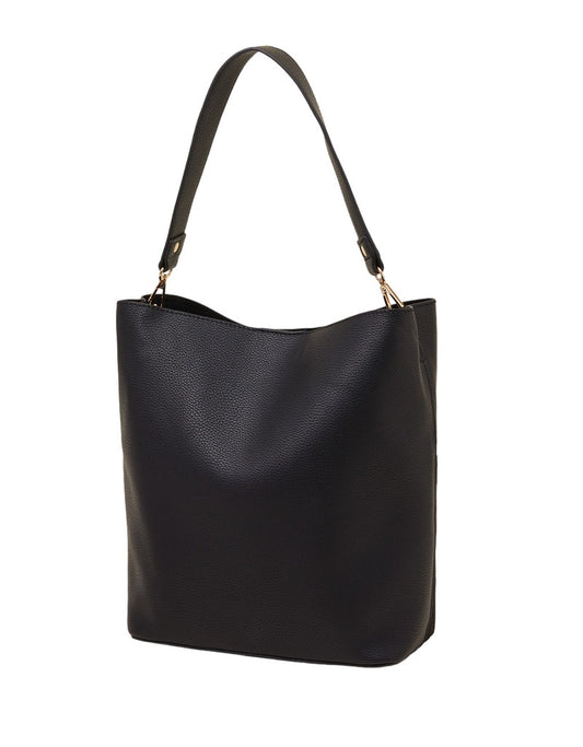 Black Faux Leather Open-Top Tote Bag with Magnetic Closure