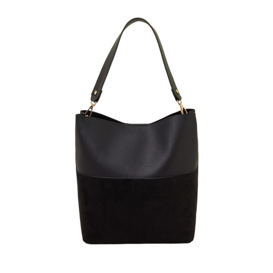 Black Faux Leather Open-Top Tote Bag with Magnetic Closure